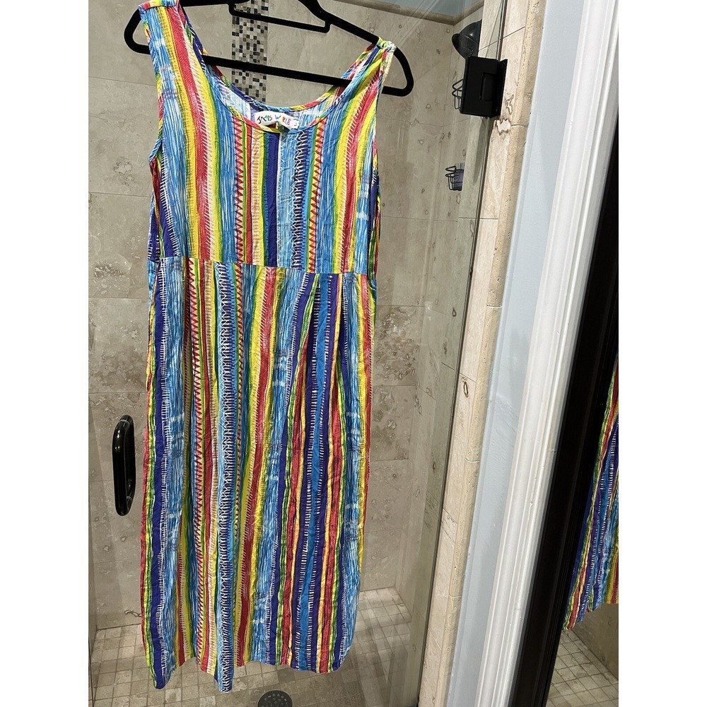 Jams World Yellow Vintage Rainbow Stripe Rayon Midi Dress L Sleeveless Pockets